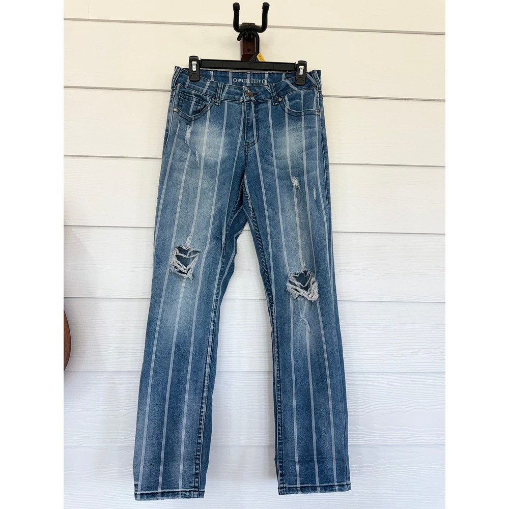 D-24- Cowgirl Tuff Co Striped Distressed Western Jeans Blue White JHIWAY 27x31